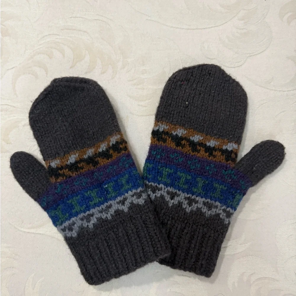 Hand Knit Bolivian Wool Mittens Fair Isle‎ Pattern Winter Gloves